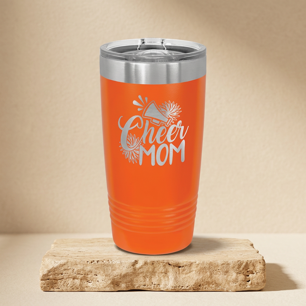 Orange Cheer Mom tumbler with a warm stone background