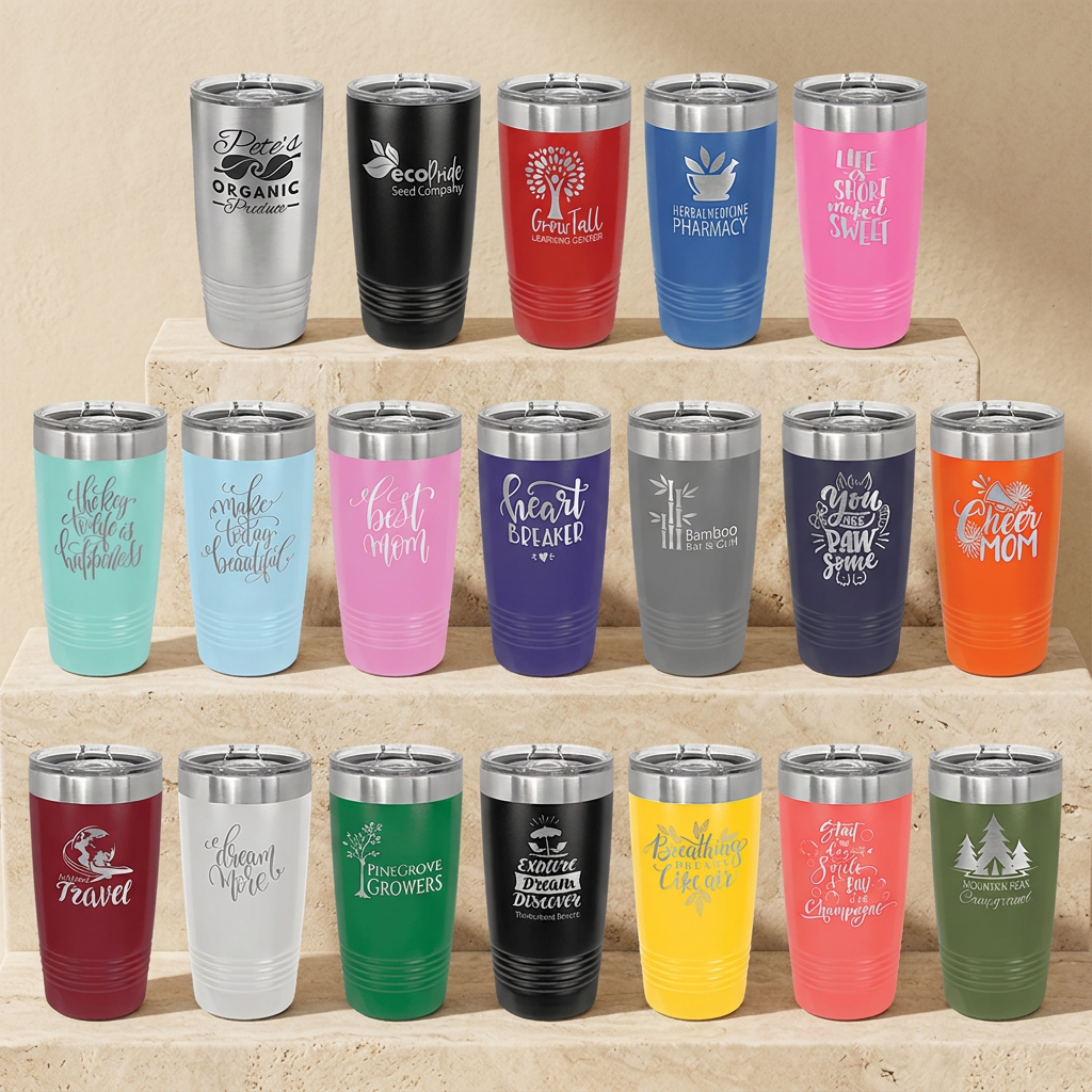 20oz tumbler color assortment with a warm stone background
