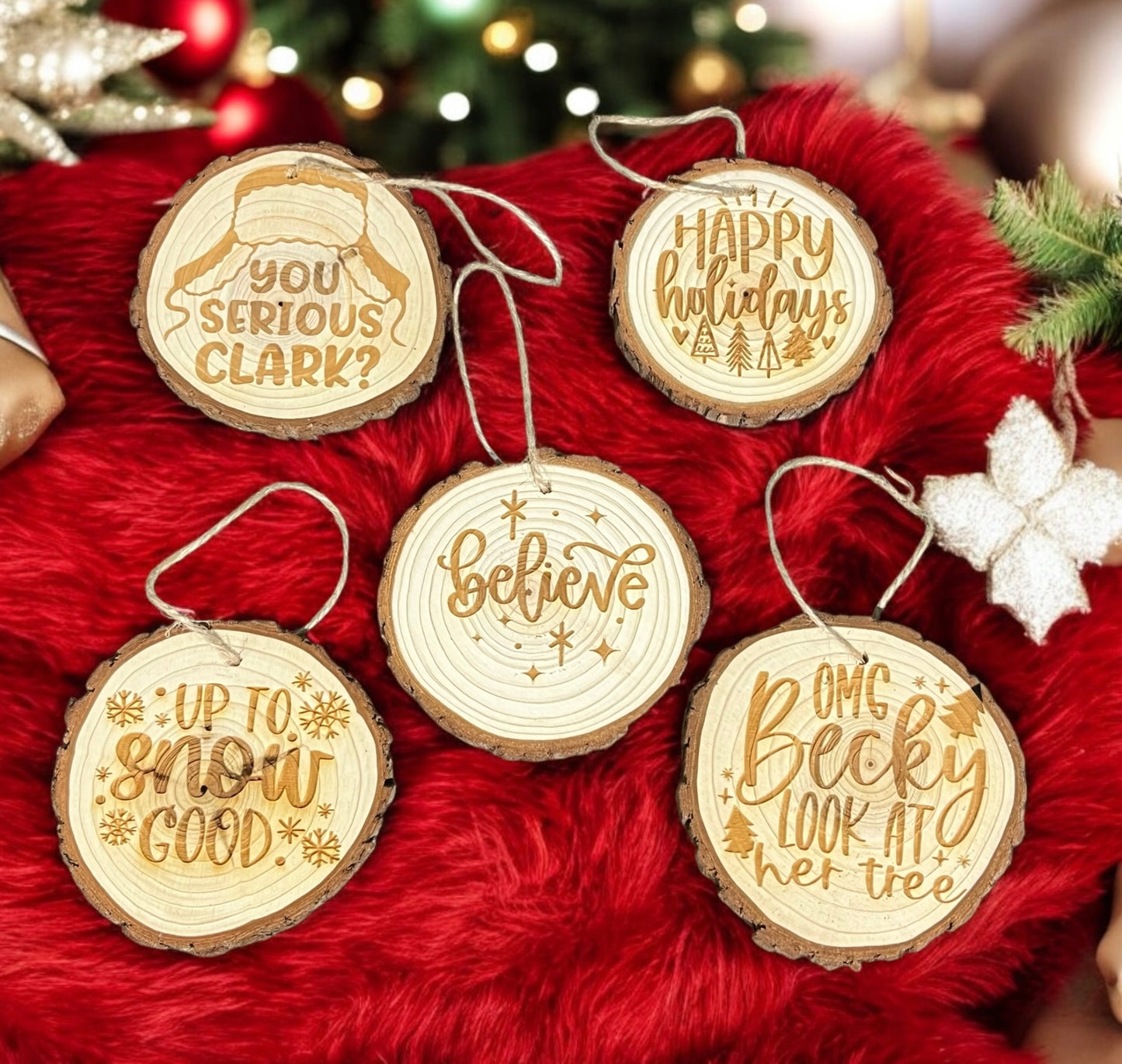 Laser-Engraved Natural Wood Christmas Ornaments