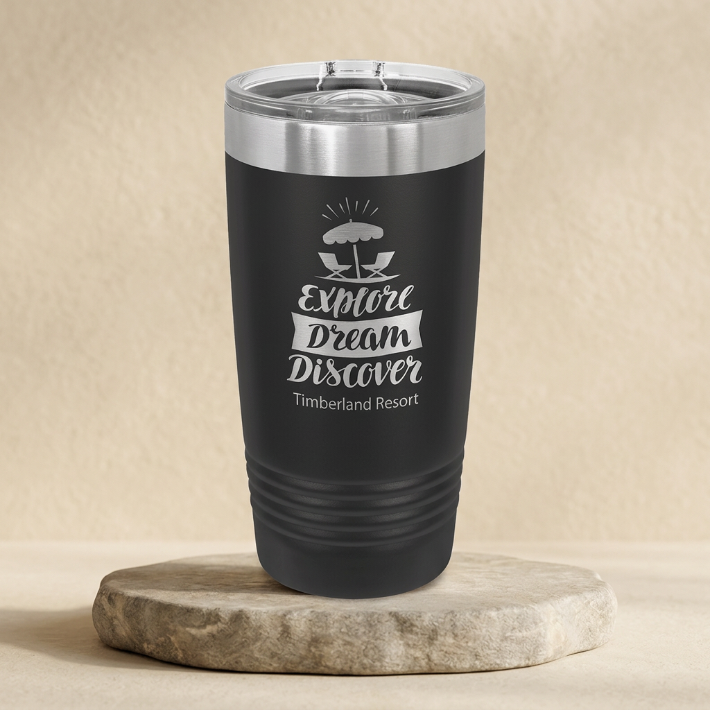 Black Explore Dream Discover tumbler with a warm stone background