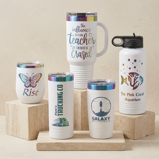 White rainbow-trim drinkware with a neutral studio background